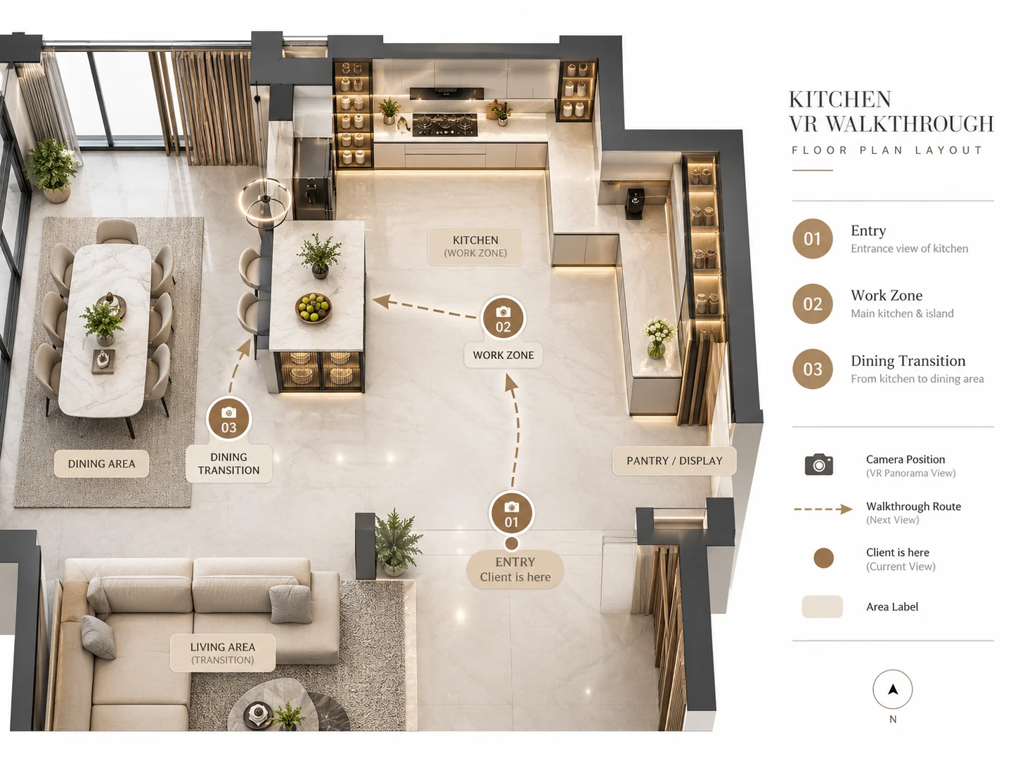 Kitchen VR walkthrough floor plan with three camera positions