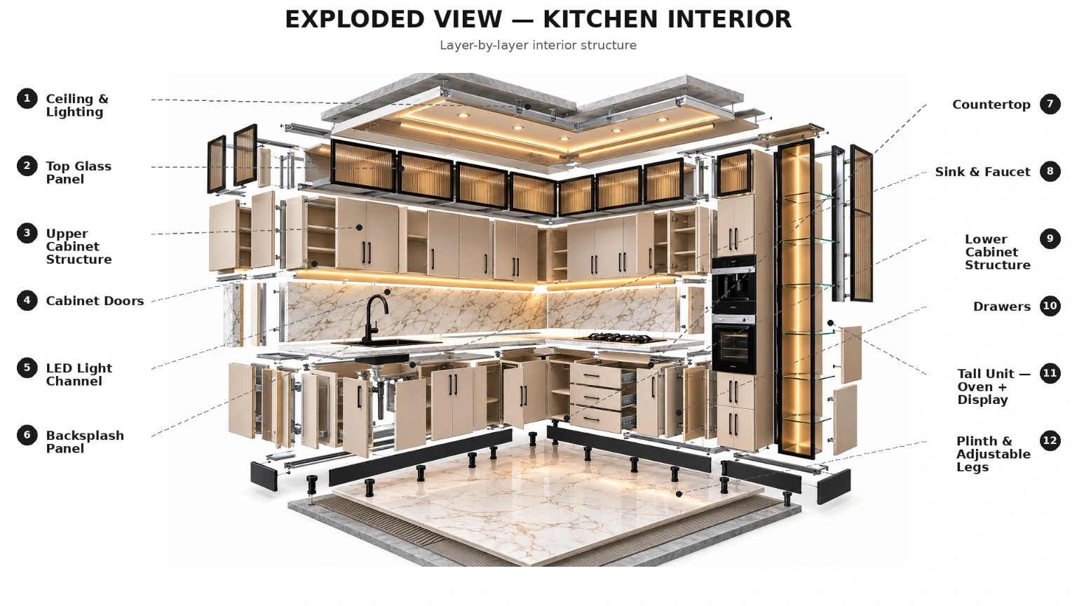Full exploded technical view of the same kitchen system